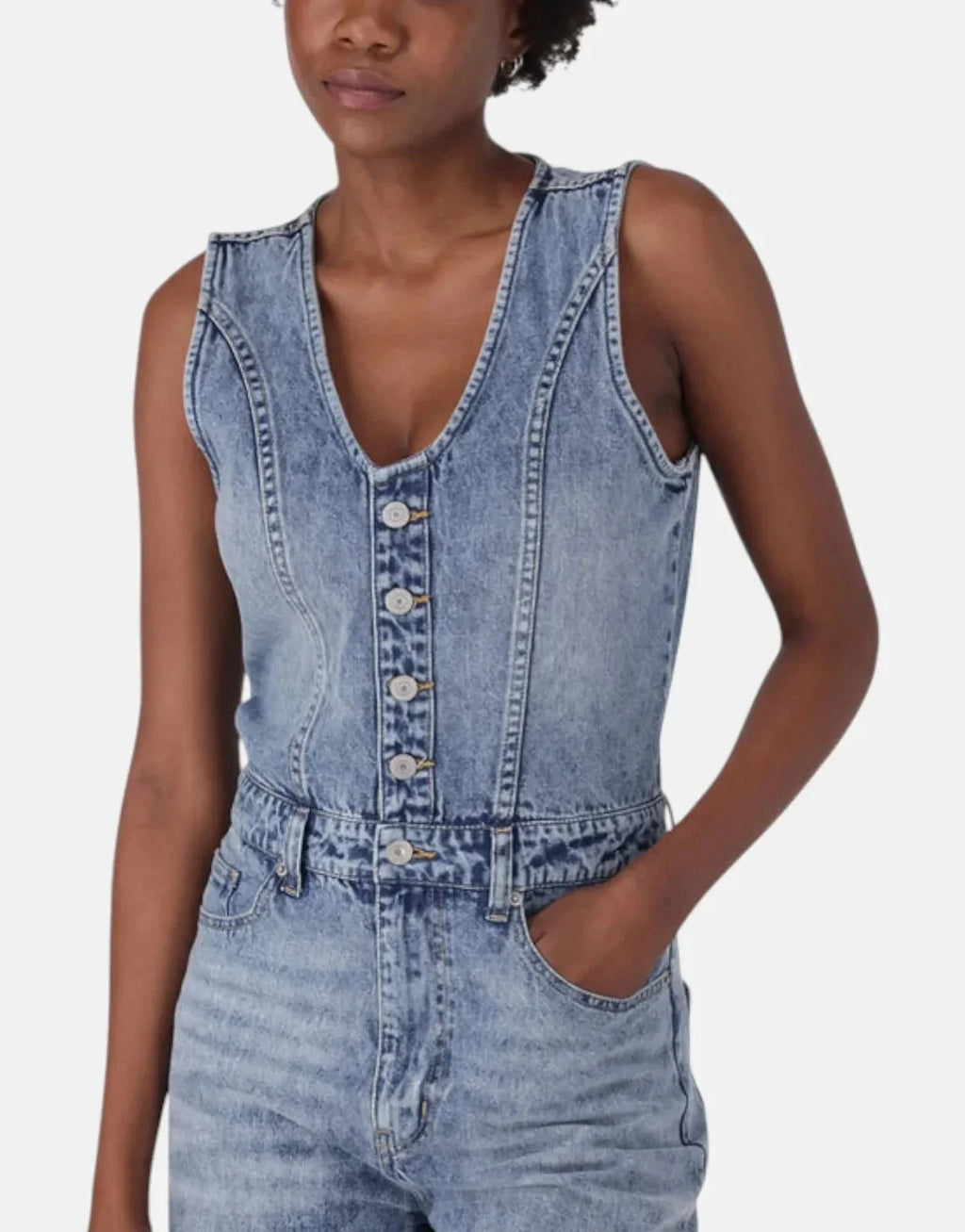 Levi's Denim Vest Wide Leg Dive Deep Jumpsuit